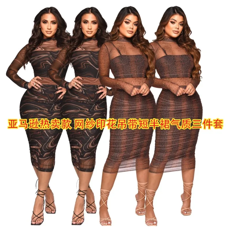 

Sexy Dressses For Women 2023 Beach Outouts Free Shipping Dress New Halter Skirt Mesh Print Three Piece Set Polyester Swimsuit