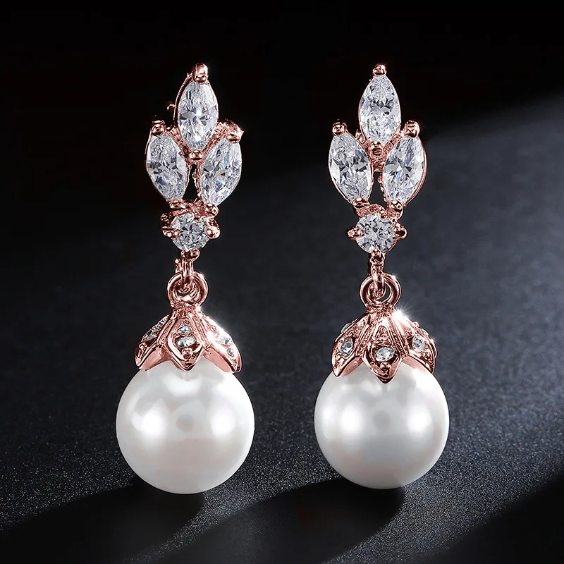 

Simple Leaf Shape Pearl Stud Earrings for Women Cute Round Marquise Zircon Earring Wedding Party Jewelry