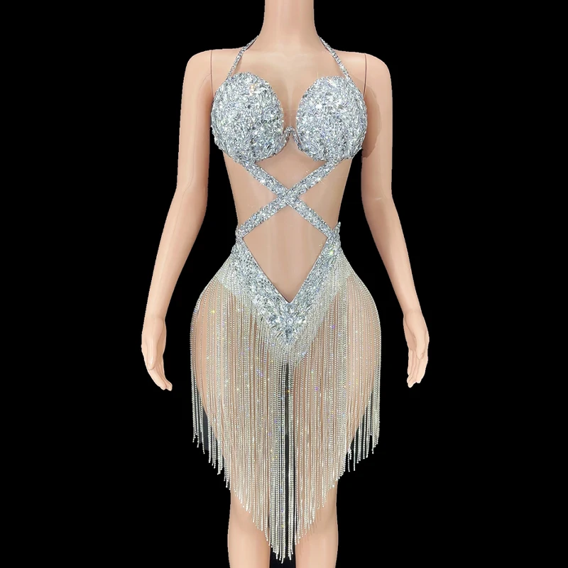 

Women Sexy Luxurious Crystals Rhinestones Chains Backless Leotard Dress Evening Prom Celebriate Birthday Outfit Dance Costume