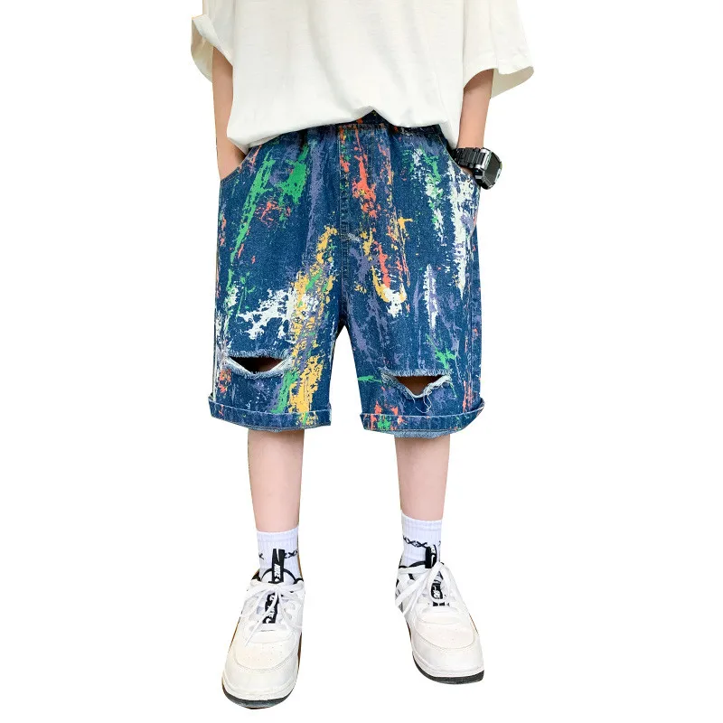 

2023 Summer Blue Ripped Denim Shorts For Teen Boy Color Print School Jeans Short With Hole Age 5 6 7 8 9 10 11 12 13 14 Year Old