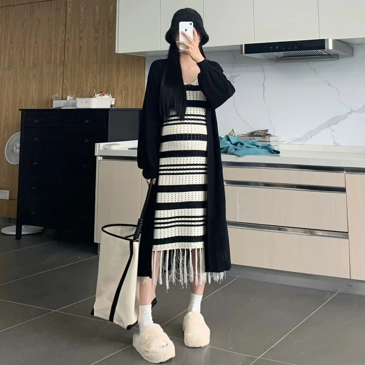 Maternity Dress Autumn And Winter Knitted Skirt Maternity Dress Two Piece Knitted V-neck Stripe Sweater Cardigan Fashion Dress enlarge