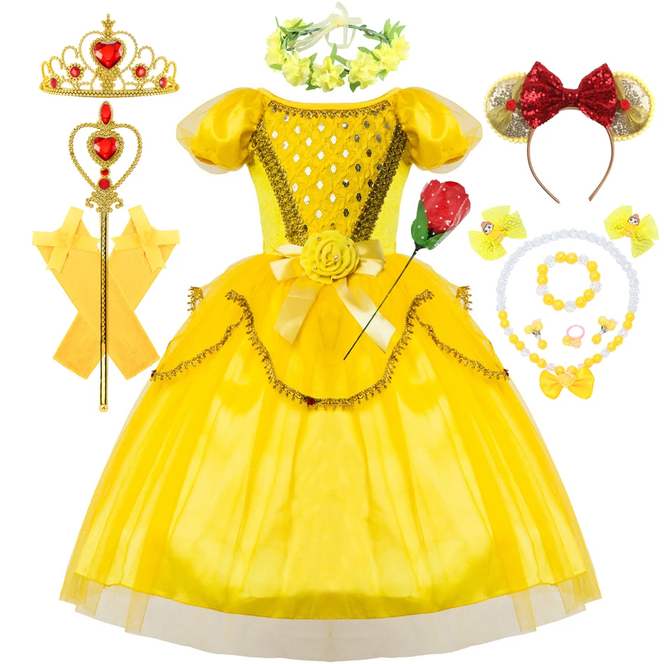 

Belle Princess Dress For Girl Beauty And The Beast Role Playing Clothes Yellow Lace Sequin Tulle Frock Carnival Fantasy Costume