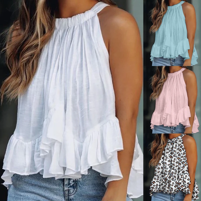 

Женские майки с лямкой на шее, однотонные свободные топы без рукавов с круглым вырезом, офисные футболки с оборками, лето 2022