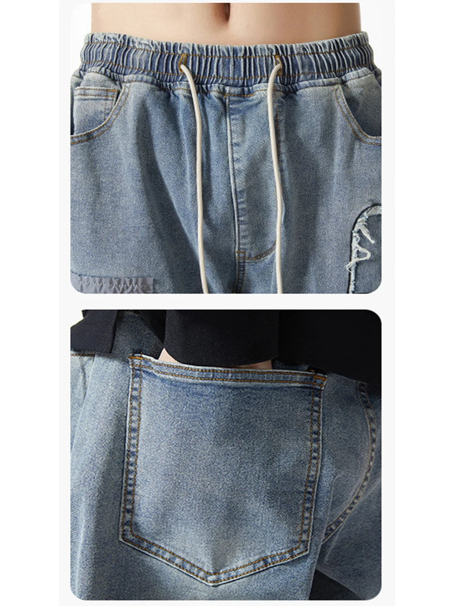 European and American Men Fashion Trend Washed Embroidered Jeans Men American High Street Retro Loose Straight Hole Pants Denim