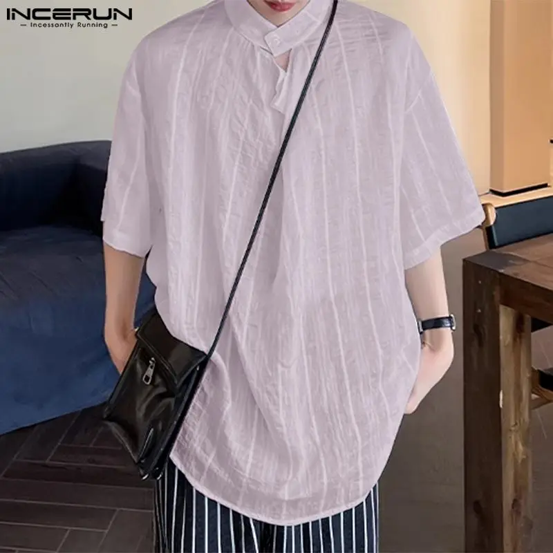 Топы INCERUN 2024 мужские прозрачные полосатые рубашки в Корейском стиле модная