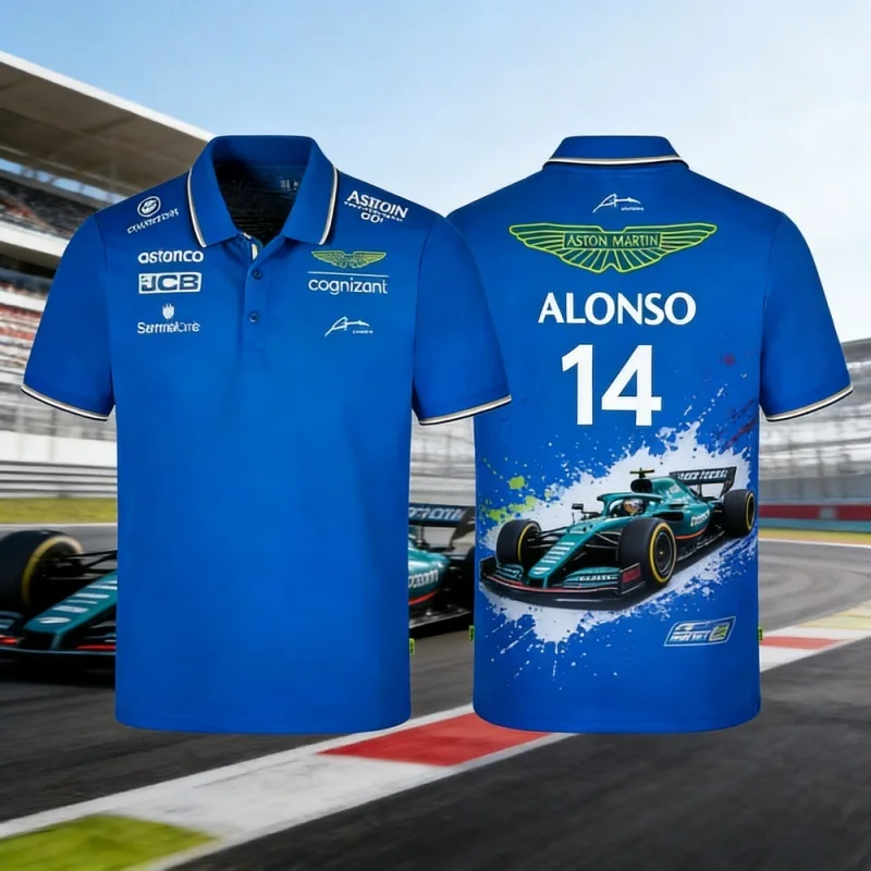 Фото Футболка-поло с тематикой гонок команды Aston Martin F1, мужская спортивная повседневная футболка с воротником, сувенирная футболка для фанатов №5
