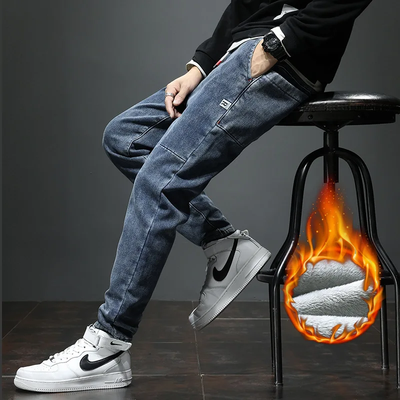 Winter New Plus Velvet Thickened Elastic Jeans Men's Slim All-Match Loose Slim Straight-legged Trousers Long Trousers
