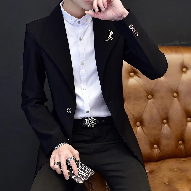 

Autumn Windbreaker Men In The Long Korean Version Slim Fashion Casual Small Suit Jacket Men Spring and Autumn Handsome Coat