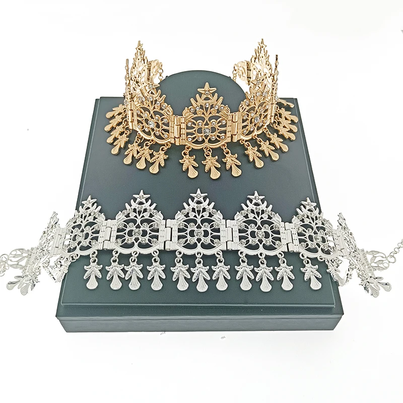 

Algerian Bridal Hair Jewelry Metal Water Drop Crystal Hair Chain Star Moon Shape Arab Lady Prom Headgear Gold Color Silver Color