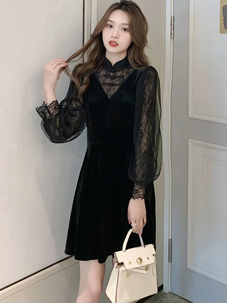 

Осенне-зимнее однотонное элегантное женское платье 2023 винтажное вечернее платье черное бархатное лоскутное Сетчатое прозрачное сексуальное клубное мини-платье