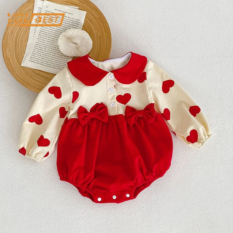 

Комбинезон для маленьких девочек с длинным рукавом и бантом в виде сердечек