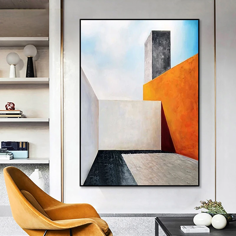 

Black And White Building 3D Style 100% Hand Painted Oil Painting Wall Art For Home Living Room Handmade Restaurant Entrance Sofa