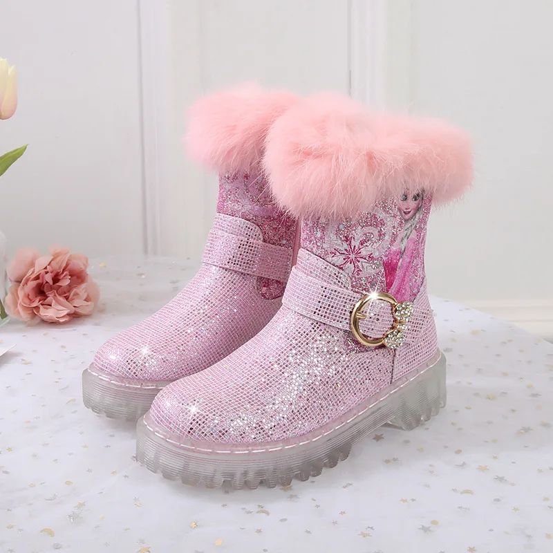 

Girls Snow Boots Non-slip Anti-cold Ski Fashion Cartoon Princess Children Winter Shoes Thick Plush Warm Size 26-36