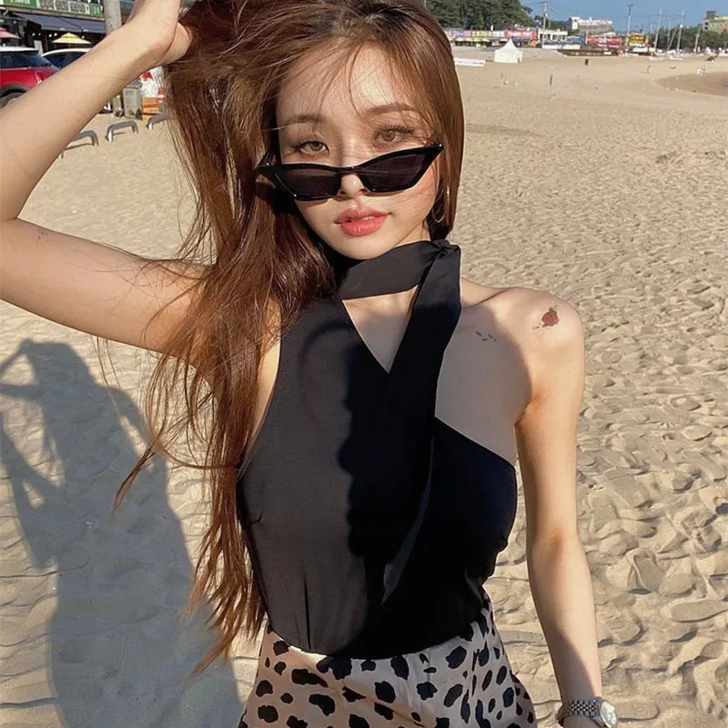 

Women Clothes Hollow Out Short Solid Tank Tops Sexy Corset Summer Off-the-shoulder Halter Straps Slim Sleeveless Crop Top