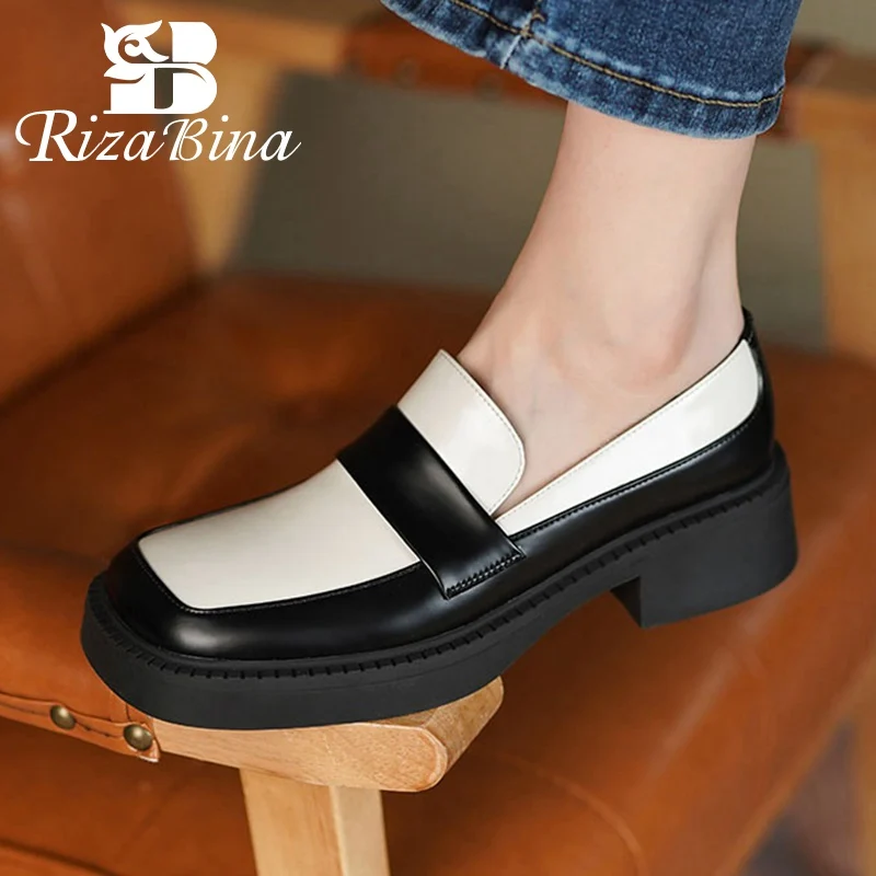 

RIZABINA 2022 New Fashion Real Leather Pumps Mixed Color Slip On Shallow Loafers Spring Ins Outdoor Ladies Footwear Size 34-39