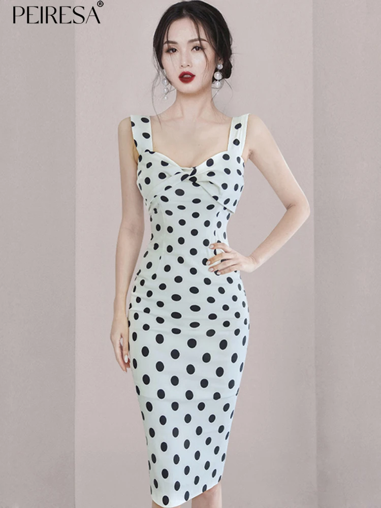 

PEIRESA Dot Print Bodycon Spaghetti Strap Dress Women V Neck Sleeveless Slim Waist Elegant Midi Dresses Fashion Female Clothes