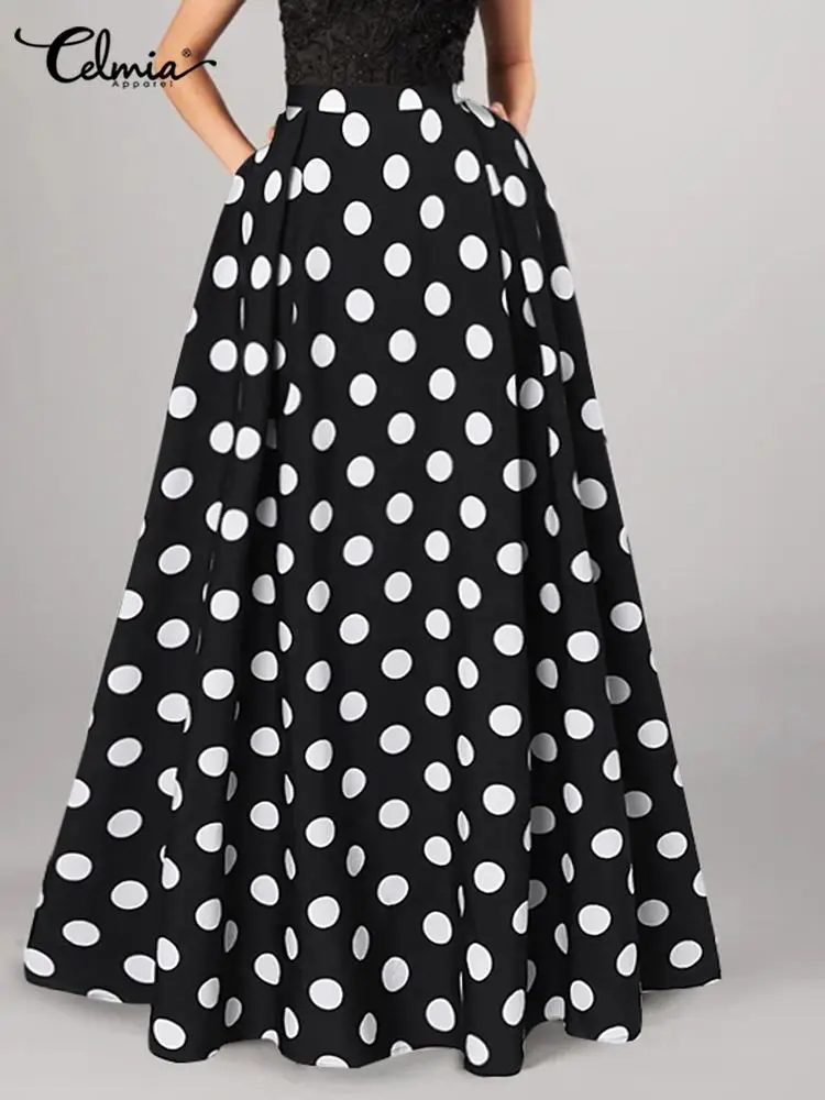 

2023 Summer Maxi Skirts Celmia Bohemian Women High Waist A-line Skirt Vintage Casual Loose Polka Dot Elegant Long Skirt Oversize