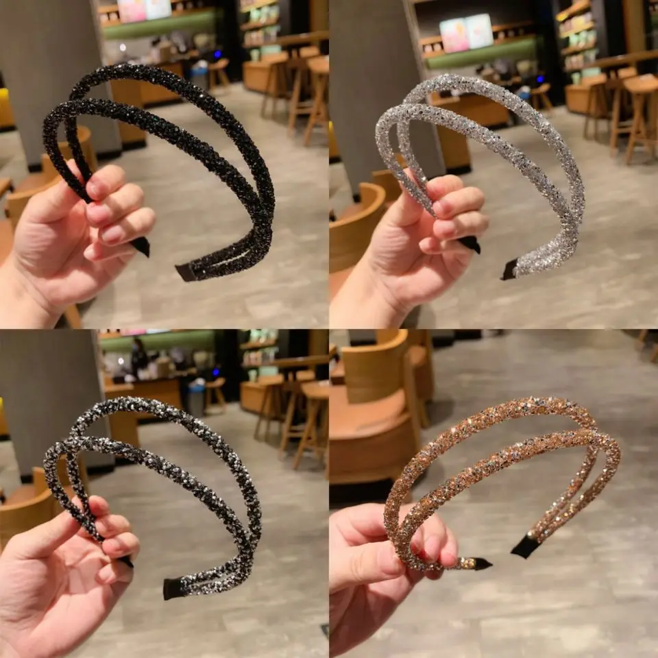 

Korean Fine Luxury Headbands Rhinestone Hairbands Bling Glitter Double Hair Hoops Crystal for Women Girls Hair Accessories