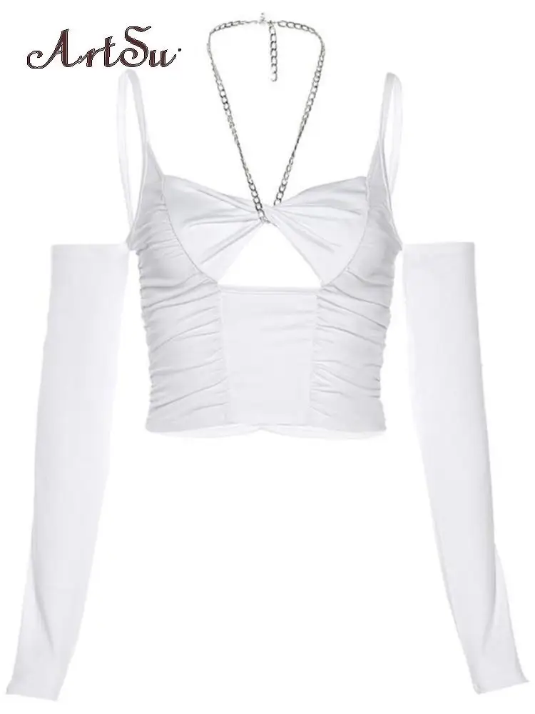 

Женская белая майка в стиле панк Artsu Cyber Y2k, облегающая укороченная футболка с длинными рукавами и рюшами, сексуальные топы на бретельках с вы...