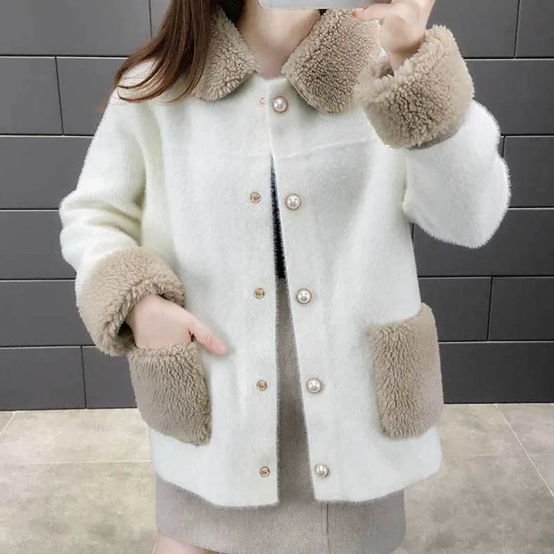 

Женское шерстяное пальто Lucyever, Элегантная Лоскутная куртка из овечьей шерсти с отложным воротником, однобортная теплая верхняя одежда для ...