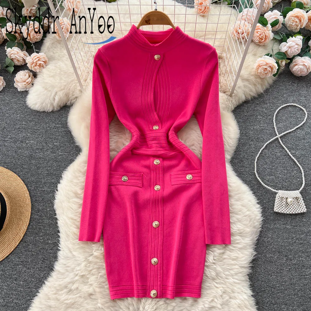 

Осень-зима 2022, женское вязаное платье с длинным рукавом, облегающие шикарные платья-свитеры, платье с вырезами, женское черное платье