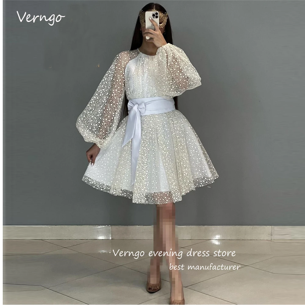 

Verngo 2023, белые тюлевые короткие платья в горошек для выпускного вечера, женское розовое мини-платье с длинными рукавами-фонариками, вечернее коктейльное платье