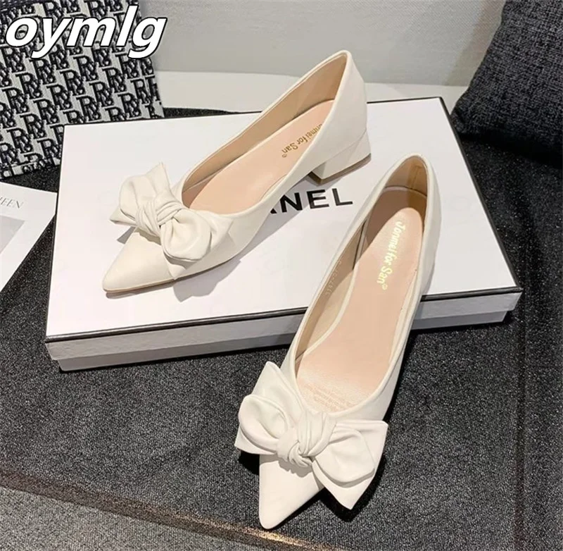 

2022 autumn new single shoes women thick heel pointed bow shoes fashion shallow mouth work shoes womans high heels