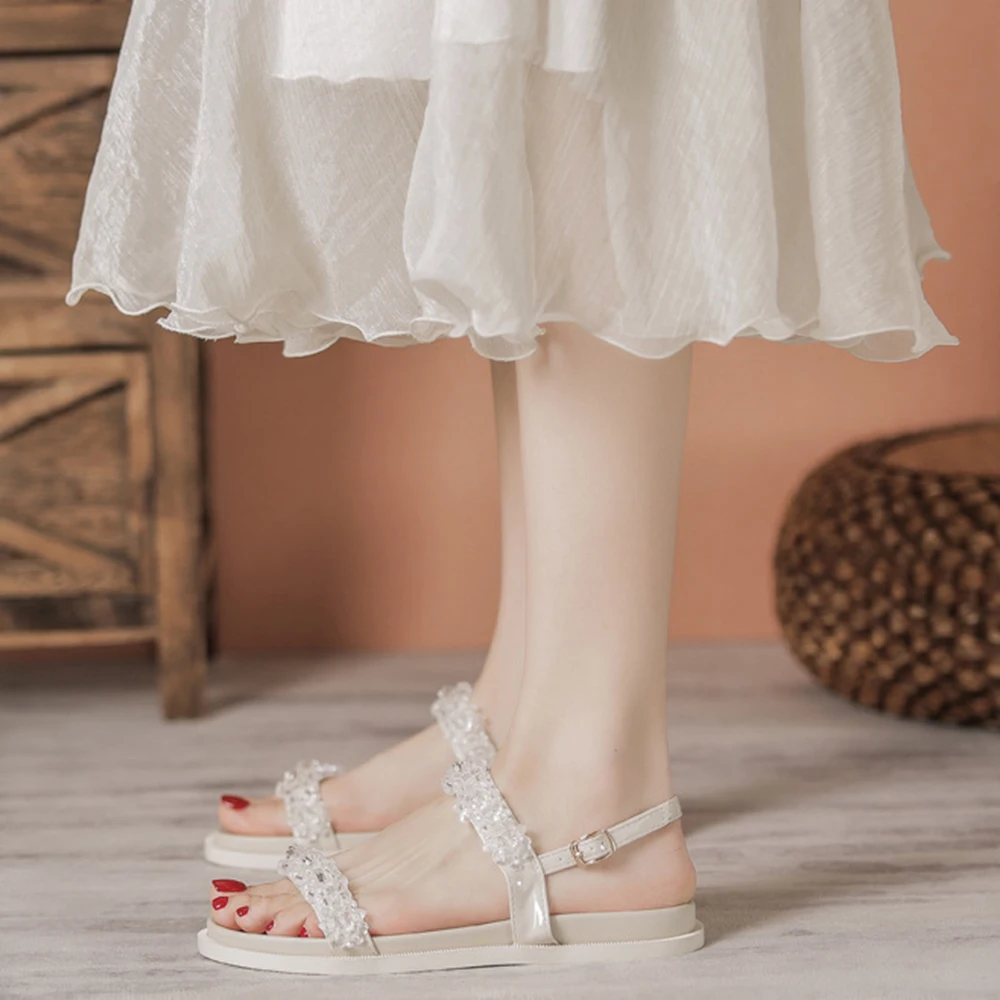 Sandals Women's 2022 Summer New Handmade Pearl Flower Crystal Sandals Flat Simple Buckle Student Soft Bottom Fairy Shoes