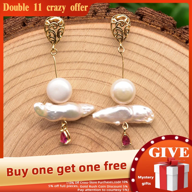 

Glseevo Natural Baroque Freshwater Pearl Rose Red Pendant Earrings Woman Simple Party Exquisite Fashion Gift Jewelry GE1050A