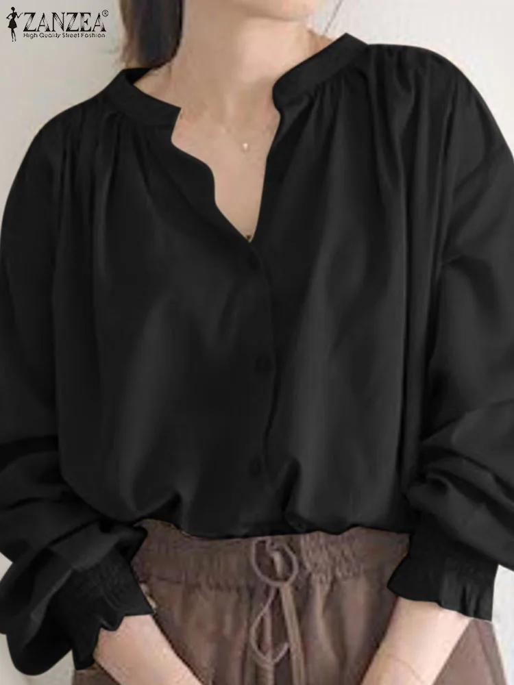 

Корейская модная Осенняя женская элегантная рубашка ZANZEA, повседневные топы с оборками, женские блузы с длинным рукавом и V-образным вырезом, блузка