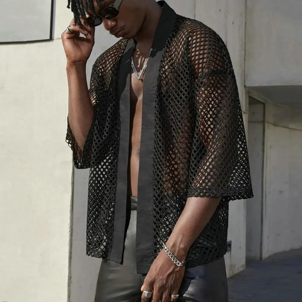 

Шикарная Клубная рубашка, пальто, сетчатая однотонная уличная одежда в стиле хип-хоп, мужской прозрачный кардиган, мужская рубашка, пальто, ...