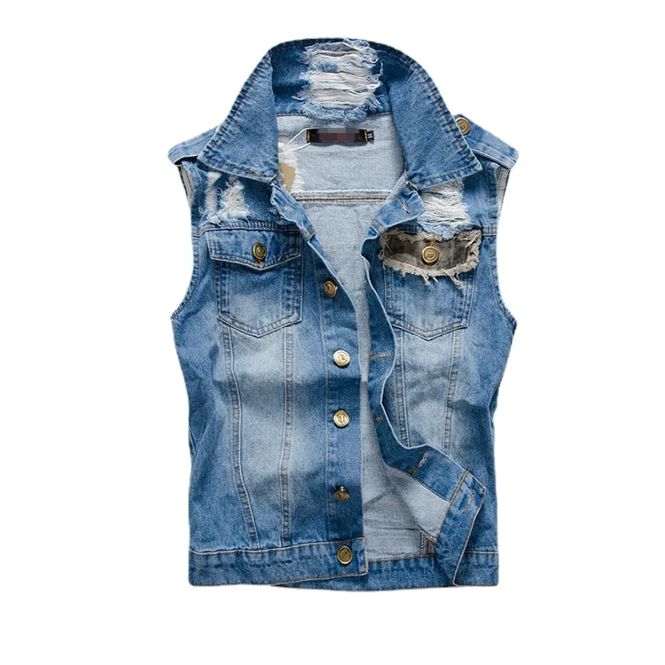

Men Holes Denim Waistcoats Jackets Vests New Fashion Male Fit Denim Coats Vests Large Size Street Wear Jeans Vests Size S-5XL