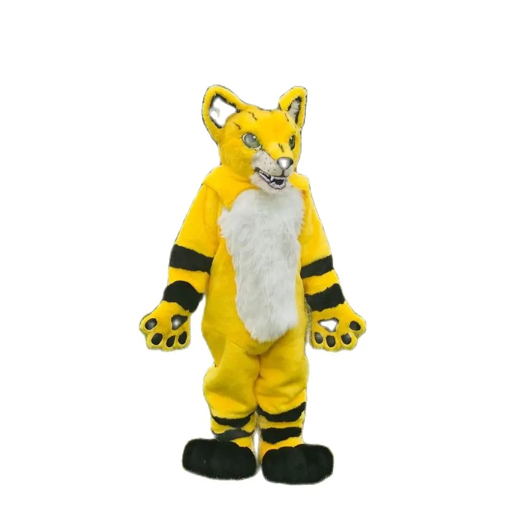 Желтый длинный меховой костюм хаски собака лиса волк костюм-талисман на Хэллоуин