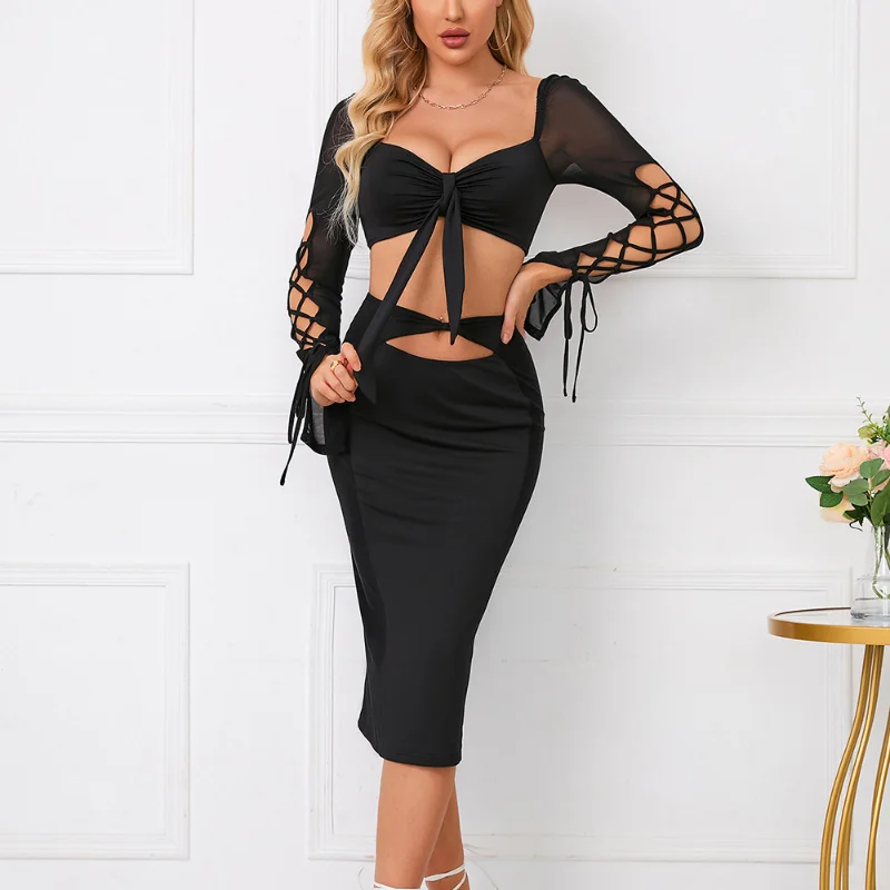 

Женский комплект из двух предметов, привлекательный сетчатый топ с открытой спиной и бантом в стиле пэчворк и юбка с высокой талией, модель DF690 на лето, 2023