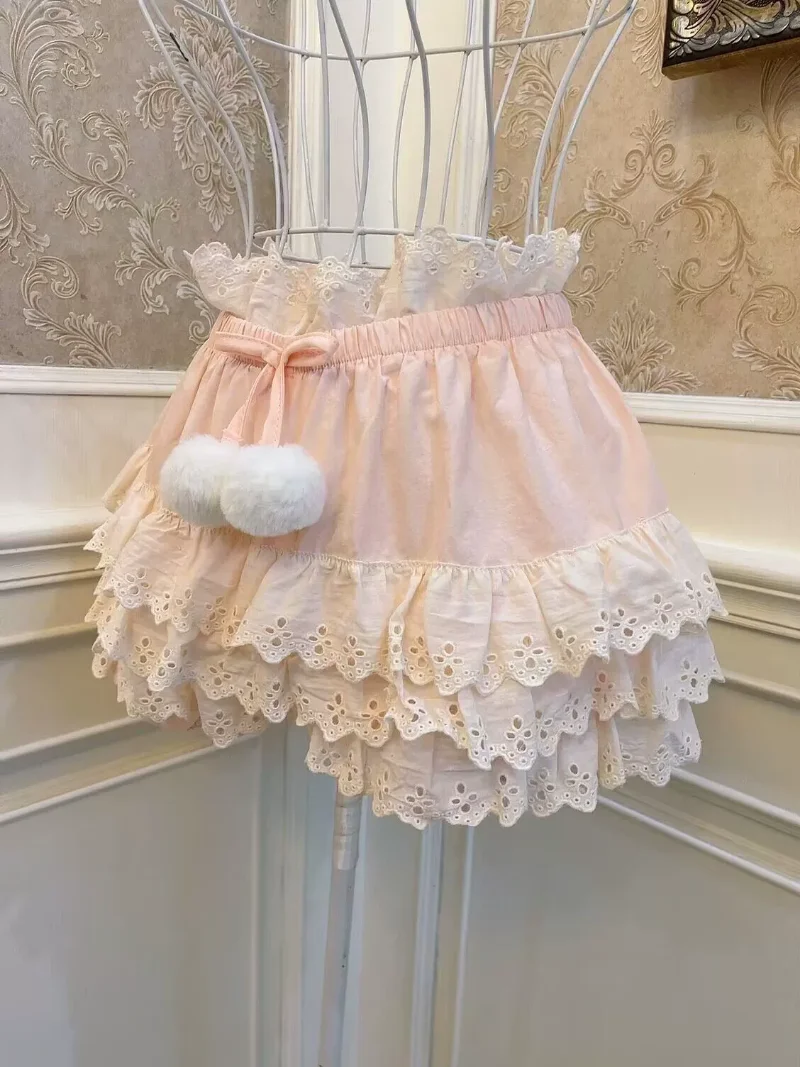Lolita Girl Princess Bowknot Plush Fur Ball Puffy Cake Wooden Ear Culottes Support All-Matching Base Shorts Home Pants Leggings