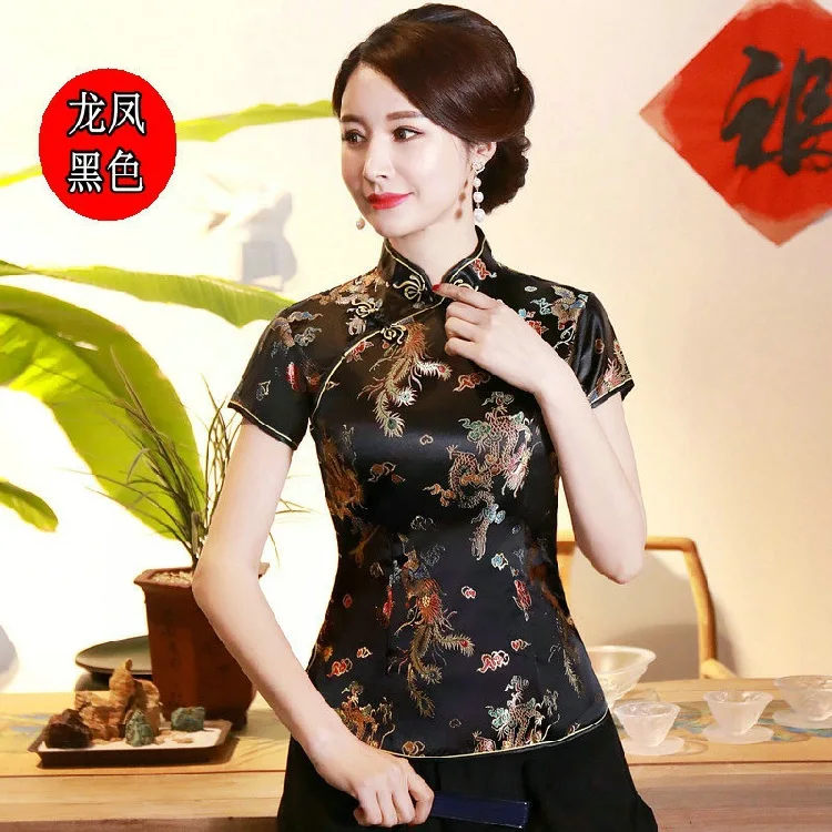 Фото Летняя винтажная футболка Cheongsam, футболка, китайский костюм Тан, женская футболка с короткими рукавами Hanfu, женская одежда, футболки Blusas №1
