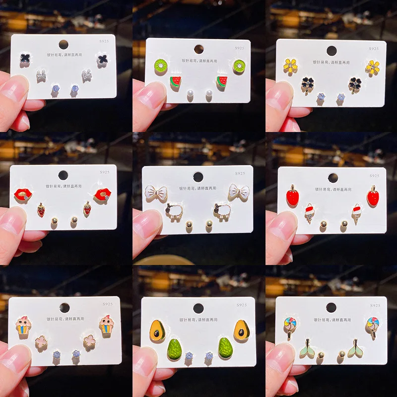 

QIAMNI 3Pairs Cartoon Enamel Strawberry Watermelon Kiwi Cake Lollipop Fruit Stud Earrings For Women Girls Statement Jewelry Gift