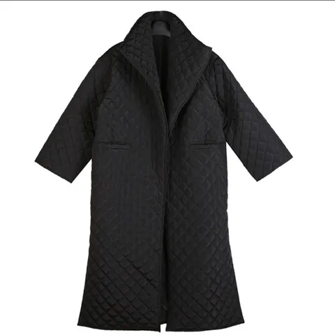 Черное пальто для женщин с высоким воротником и бриллиантовым узором, стеганая хлопковая длинная хлопковая куртка с открытым Боковым Разрезом