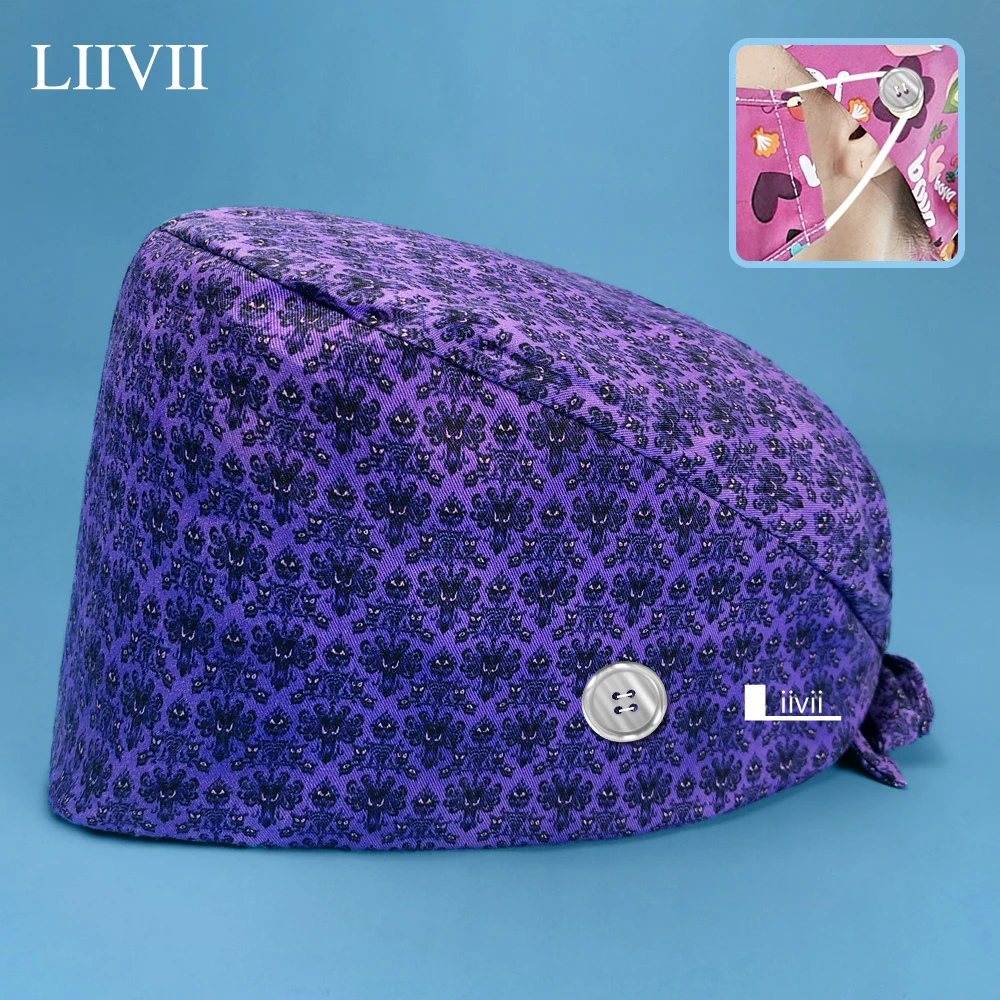 

Print Scrubs Women Cap Pet Grooming Work Hat 100% Cotton Tieback Inner Forehead Towel Dental Clinic Nurse Accessories Wholesale