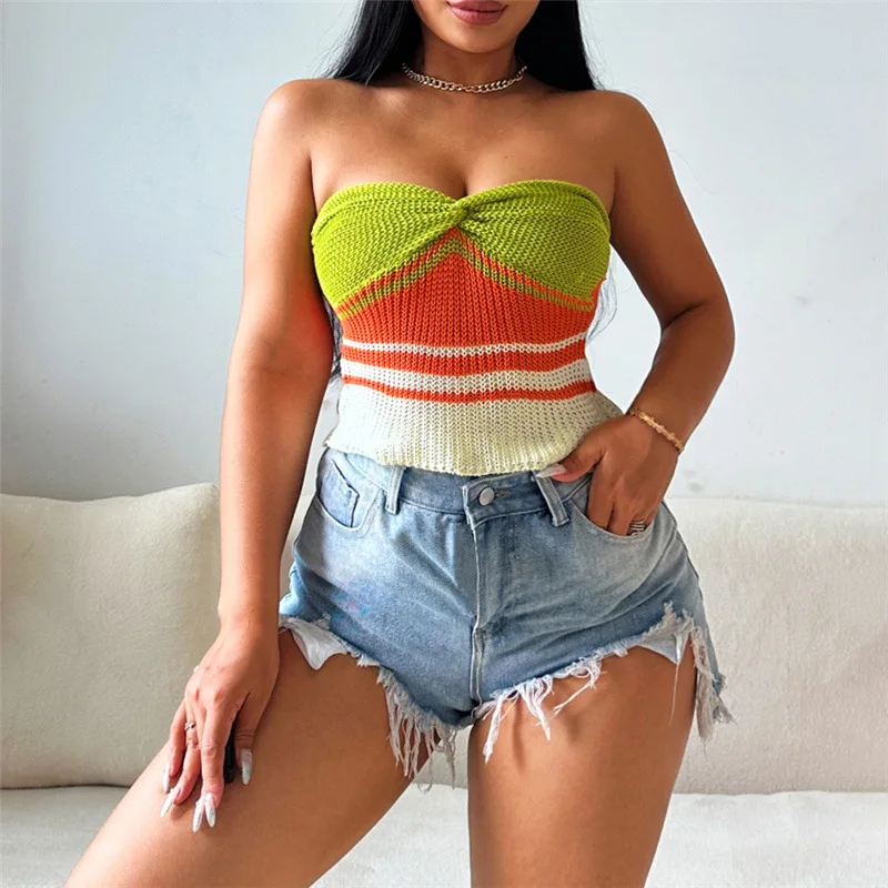 

Color Patchwork Knitted Strapless Crop Top Women Sexy Twist Wrap Chest Sleeveless Slim Vests Y2K Streetwear Casual Clothing