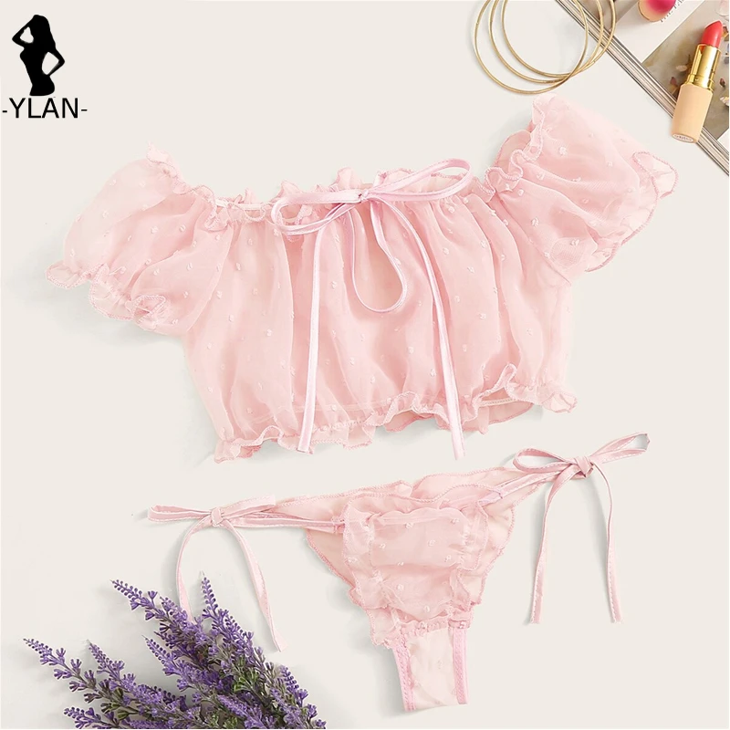 

Women's Lingerie Sexy Mesh Bra Set Off Shoulder Ruffle Underwear Set Cute Dot Transparent Bras Thong Bandage Lenceria Intimates