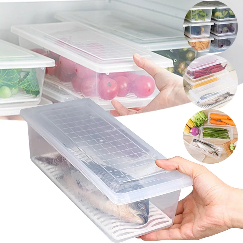 

Fridge Organizer Plastic Food Storage Container Pantry Box with Drainer and Lids for Produce Meat Cereal Fruits Vegetables Fish