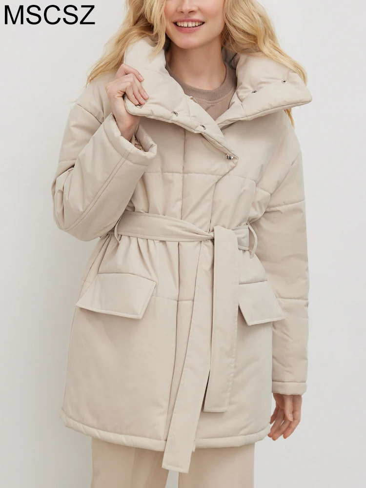 Warm Parkas Woman Winter 2022 Stand Collar Quilted Oversized Jacket Thick Cotton Padded Long Coat With Belt