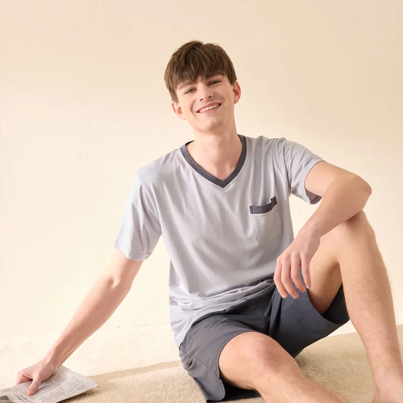 2022 New Summer 40S Cotton Pajamas Sets Men Homewear Boy High Quality Short Sleeve Night Sleep Pants
