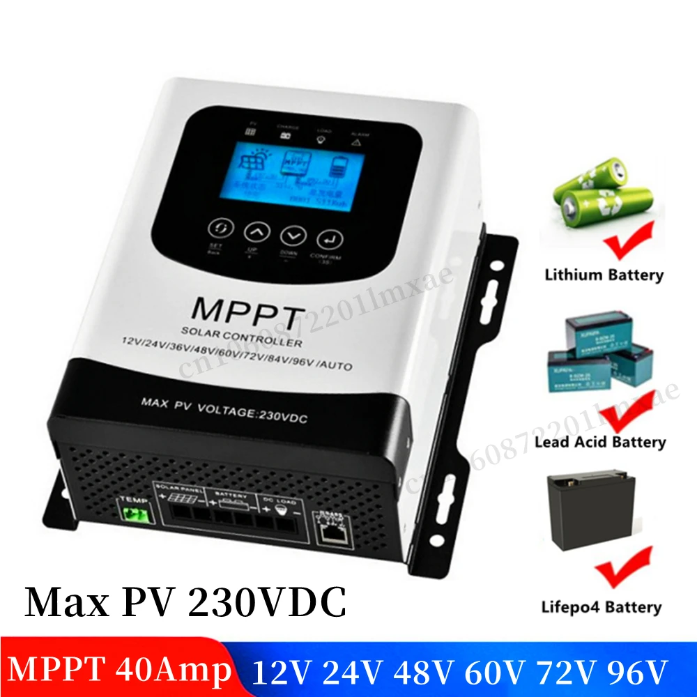 40 Amp MPPT Solar Charge Controller 12V 24V 36V 48V 60V 72V 96V Battery System Auto Max Input 230V PV Solar Panel Regulator 40A