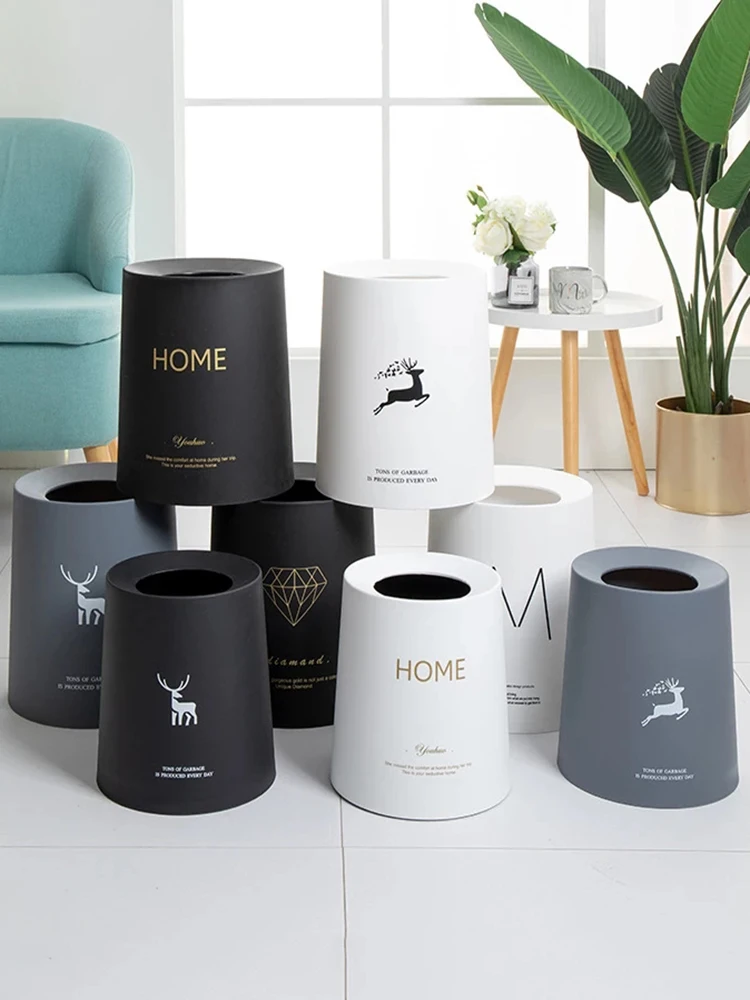 

Double-layer Plastic Trash Can Round Without Lid Paper Office Bathroom Kitchen Trash Bin Living Room Bedroom Garbage Wast Bin