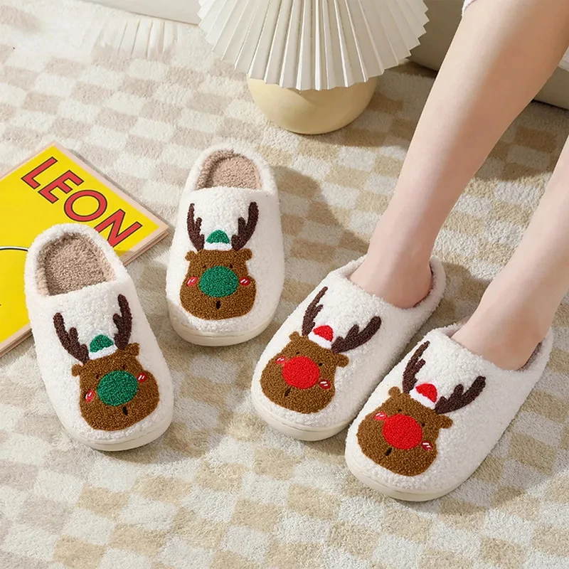 

Christmas Slippers Women Men Lovely Cartoon Elk Slippers Couples Plush Cotton Slides Thick Soled Footwear New Indoor House Shoes