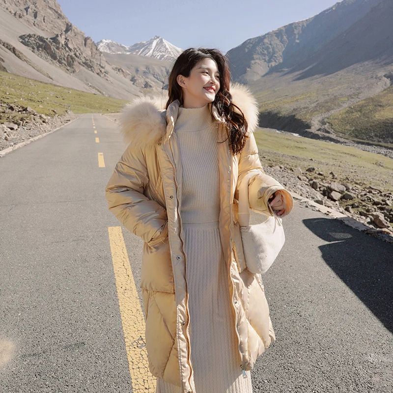 Fashion Women's Down Jackets Winter Long Fur Collar Hooded Casual Coat Glossy Silver Parkas Thick Jackets Women Outwear