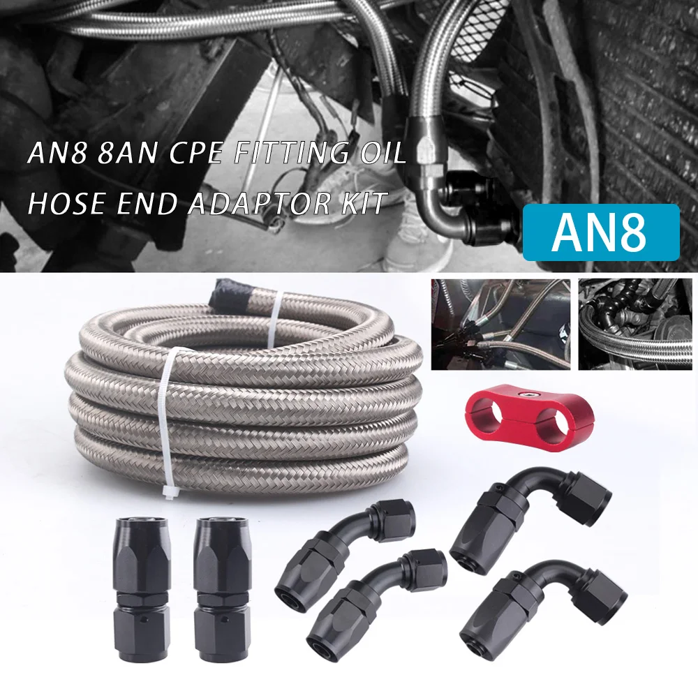 

Fitting Adapter AN8 Stainless Steel Braided Brake Gas Oil Fuel Line Hose Oil Cooler Pipe Hose with 7pcs Hose End Fitting