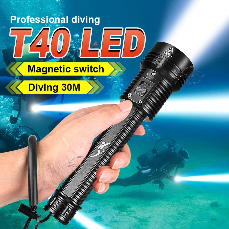 

IPX8 Diving Flashlight T40 Super Powerful Led Light Professional Waterproof Torch Underwater 30m Lamp 18650 Battery Dive Lantern